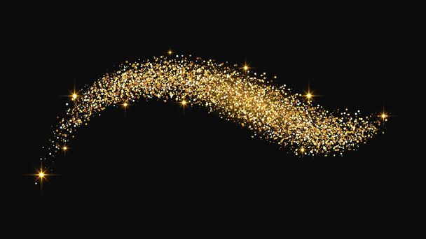 Gold glittering confetti wave and stardust. Golden magical sparkles on dark background. Vector illustration - Vector, Image
