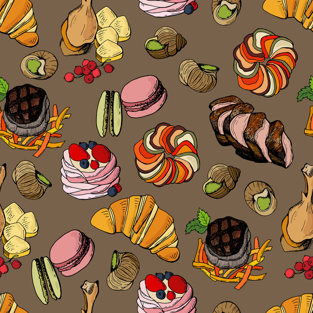 Seamless pattern with French cuisine dishes. Design for cafes, fabrics, textiles, wallpapers, packaging. - Vector, Image