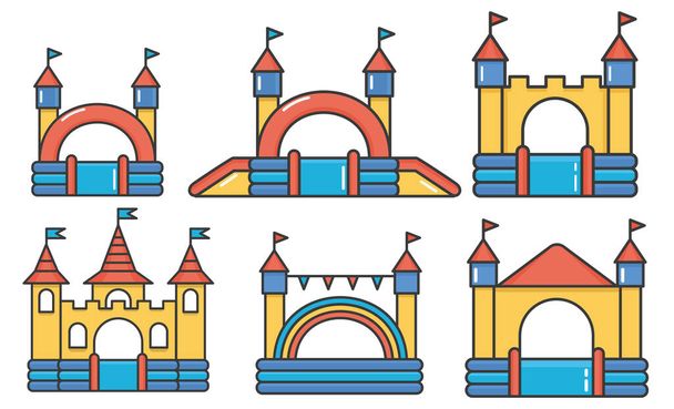 Set di castelli gonfiabili gonfiabili e colline per bambini sul parco giochi. Attività infantile nel parco. Illustrazione in stile piatto - Vettoriali, immagini