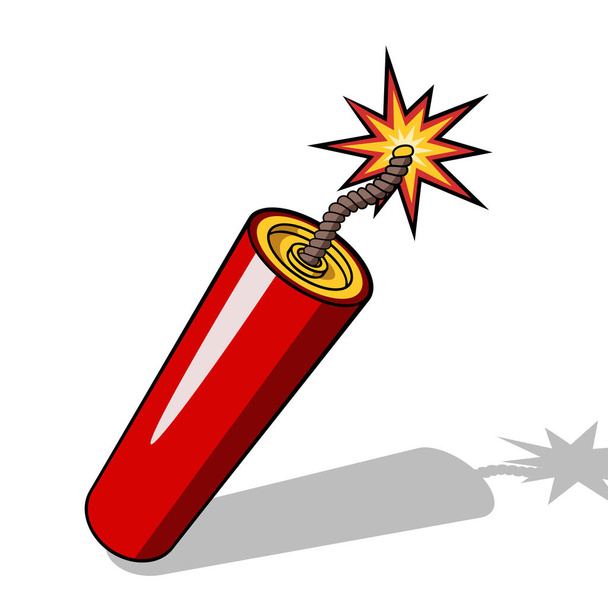 Red dynamite stick icon with burning wick and shadow isolated on white background. Vector illustration - Vector, Image