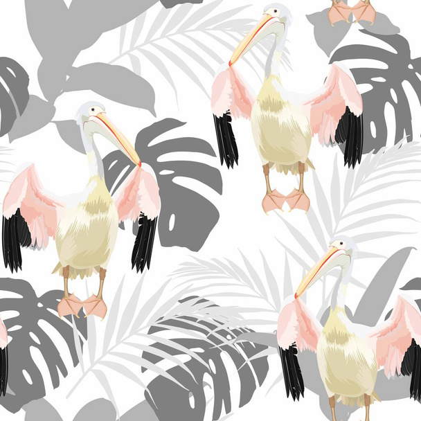 Tropik gri palmiye yaprakları, pelikan kuşu, beyaz arka planda çiçeksiz desen. Egzotik orman kuşu duvar kağıdı. - Vektör, Görsel
