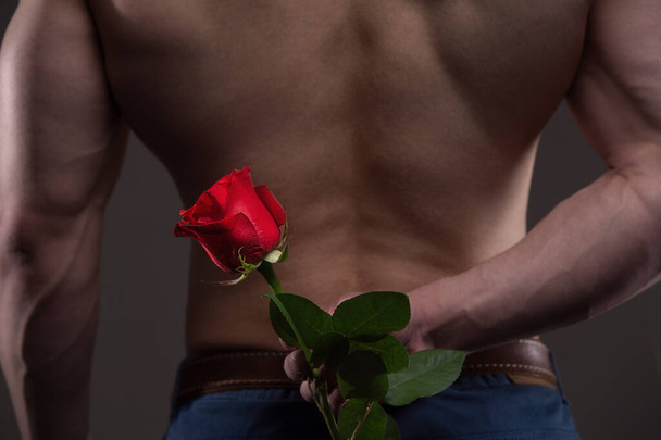 Athletic man holding a red rose behind his back. Love and romance relationships concept - Zdjęcie, obraz
