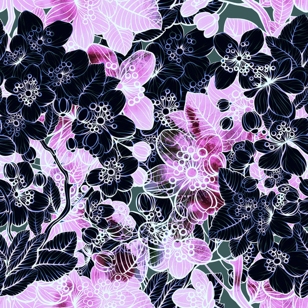 Afdrukken bloeiende wilde kers sakura naadloos patroon. Digitale lijnen met de hand getekend beeld met aquareltextuur. Gemengde media kunstwerken. Eindeloos motief voor textiel decor en natuurlijk design. - Foto, afbeelding