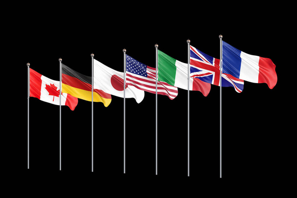 Seitsemän. G7-liput Silkki heiluttaa seitsemän Kanadan, Saksan, Italian, Ranskan, Japanin, Yhdysvaltojen valtioiden lippuja, Yhdistynyt kuningaskunta 2019. Eristettynä mustaan. 3D-kuva. - Valokuva, kuva