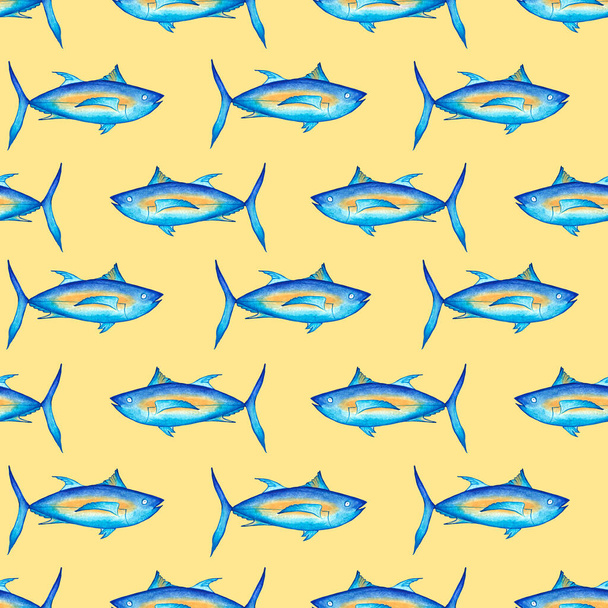 Blue tuna fish on a yellow background. Seamless pattern. Seafood fishing. Watercolor illustration. For printing on fabric, menu design. - Fotografie, Obrázek