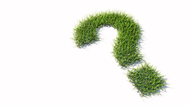 Koncepcja lub konceptualny zielony letni trawnik symbol odizolowane białe tło, znak zapytania. Ilustracja 3D metafora komunikacji, przesłuchania, porady, kreatywne myślenie, rozwiązanie, wsparcie - Zdjęcie, obraz