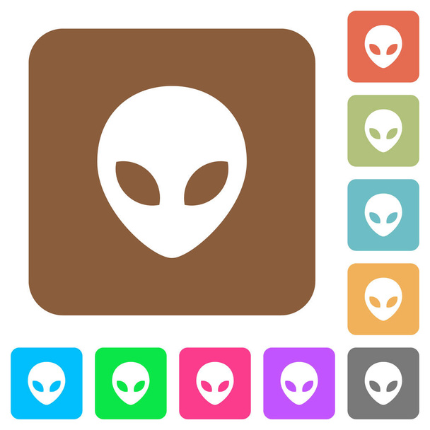 Iconos planos de cabeza alienígena sobre fondos cuadrados redondeados de colores vivos. - Vector, imagen