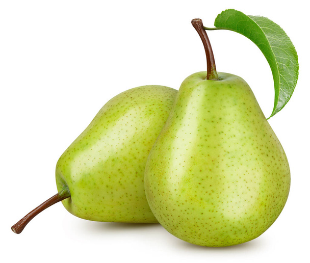 Ripe pear with leaves. Organic pear isolated on white background. Taste pear with leaf. With clipping path - Foto, Bild