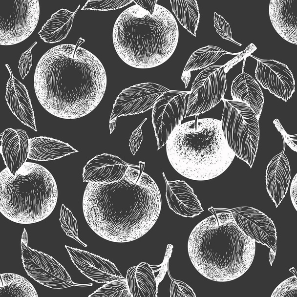 Apple branch seamless pattern. Hand drawn vector garden fruit illustration on chalk board. Engraved style fruit retro botanical banner. - ベクター画像