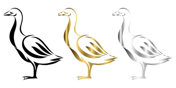 Linha do vetor Ilustração da arte logotipo de um ganso Ele está de pé, há três cores de ouro preto e prata - Vetor, Imagem