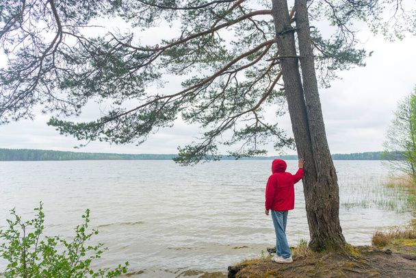 Un turista con una chaqueta roja cortavientos se encuentra en la orilla del lago.  - Foto, imagen