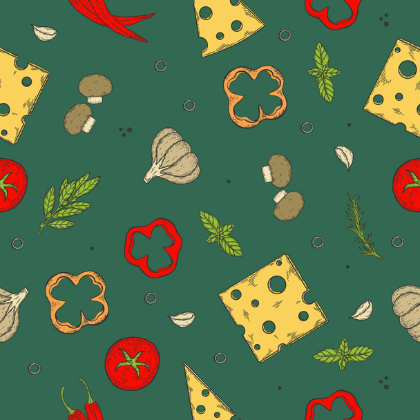 Πίτσα συστατικά φόντο. Γραμμικό γράφημα. Ντομάτα, σκόρδο, βασιλικός, ελιά, πιπέρι, μανιτάρια, φύλλα. - Διάνυσμα, εικόνα