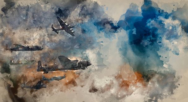 Watercolor painting of Flight formation of Battle of Britain World War Two consisting of Lancaster bomber, Spitfire and hurricane airplanes - Photo, Image