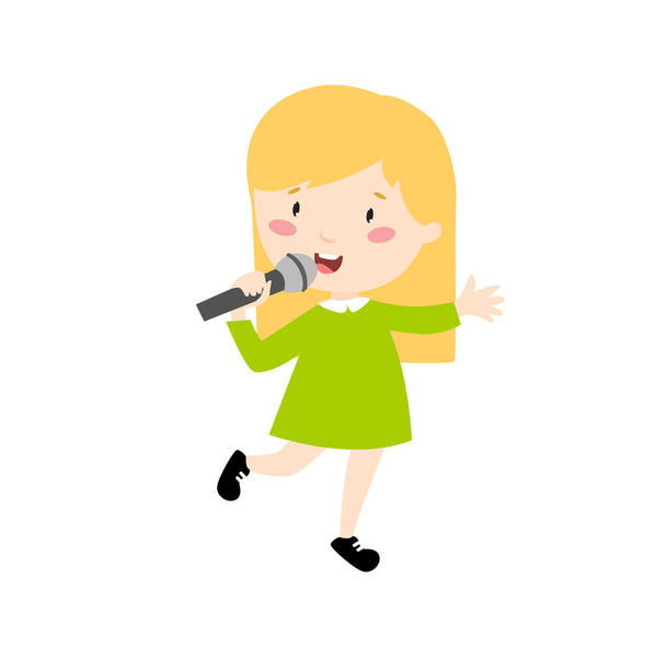 Afdrukken. Het blonde meisje zingt. Cartoon meisje in een groene jurk. Vrolijk kind. - Vector, afbeelding