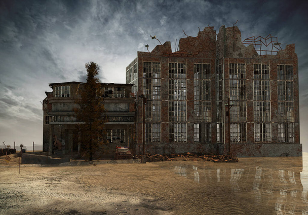 Poszt apokaliptikus városi bomlás romos épületek Dystopian - Fotó, kép