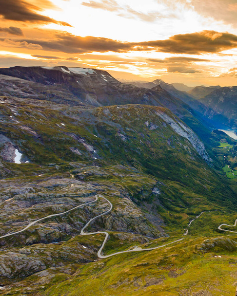 Tourism vacation and travel. Fantastic view on mountains landscape and winding road from Dalsnibba viewpoint, Geiranger Skywalk platform, Norway. - Fotografie, Obrázek