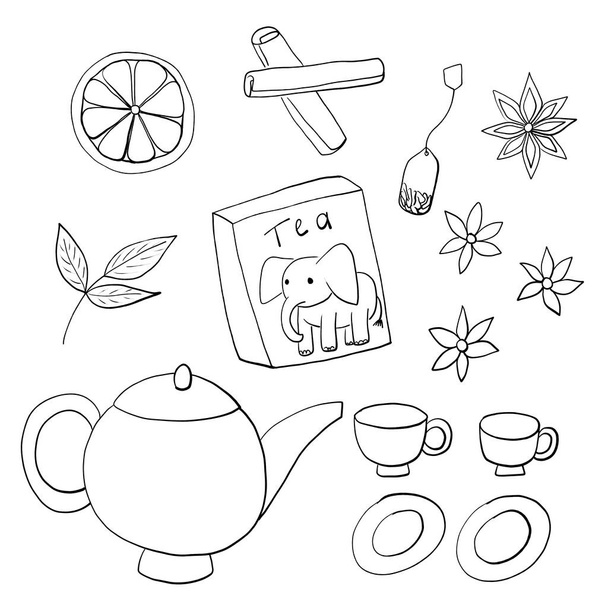 theeservies - citroen, kaneel, kamille, theeblad, theezakje, theedoosje, theepot, kopjes en borden - Foto, afbeelding