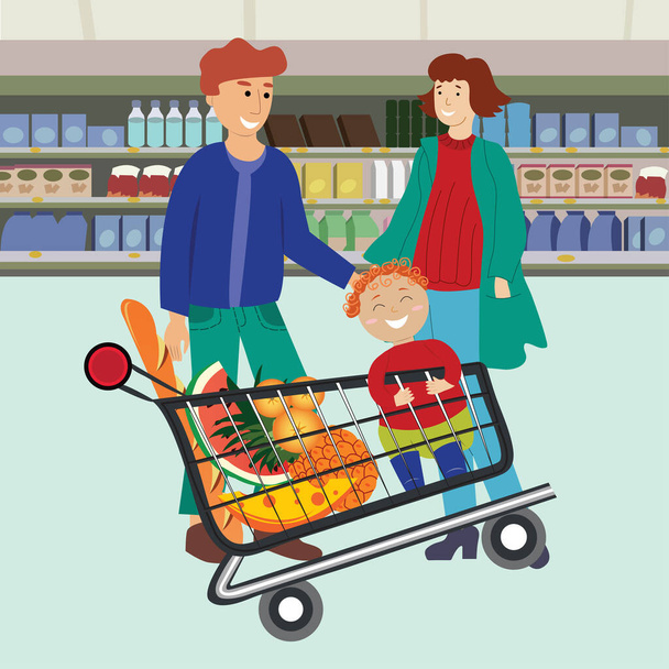 Family shopping in the supermarket. Parents with Son buying Groceries in shop. Child sitting in supermarket trolley. Fun lifestyle of cartoon characters in mall - Vector, Image