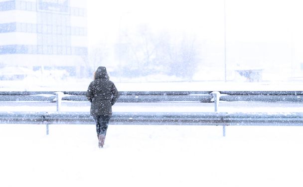 Chica de espaldas caminando durante una nevada - Foto, afbeelding