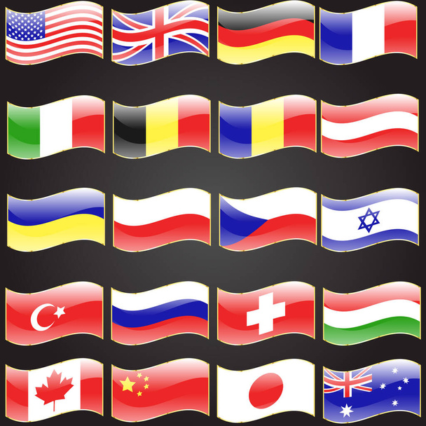 Veinte banderas conjunto ondulado icono de botón de idioma de la bandera - Vector, Imagen