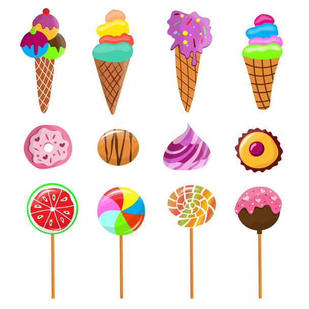 Jégkrém, édességek, sütik és nyalókák gyűjteménye. Különböző ízű fagylalt. Édességek és cukorkák. Vektor rajzfilm illusztráció fehér háttér - Vektor, kép