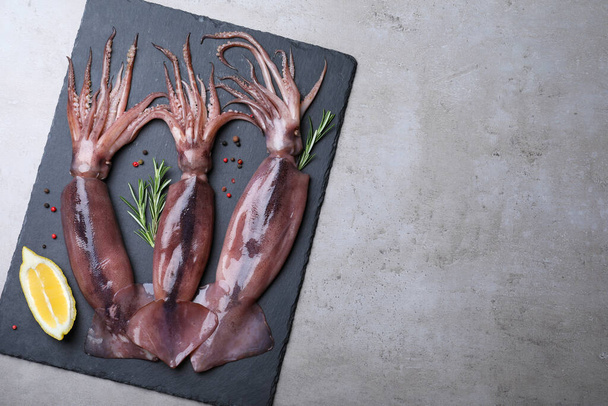 Fresh raw squids with lemon, rosemary and pepper on grey table, top view. Space for text - Φωτογραφία, εικόνα
