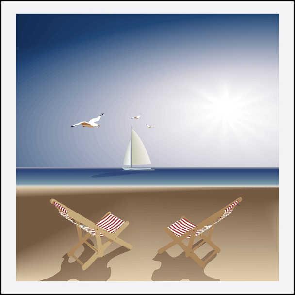 Playa, dos sillones, velero y gaviotas
 - Vector, imagen