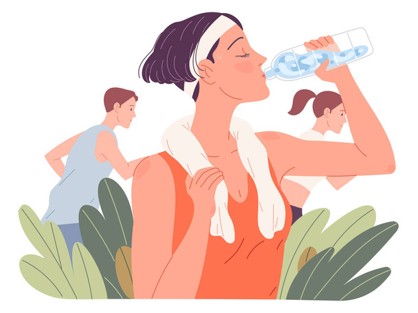 Vrouw die water drinkt. Meisjes drinken tijdens de zomer - Vector, afbeelding