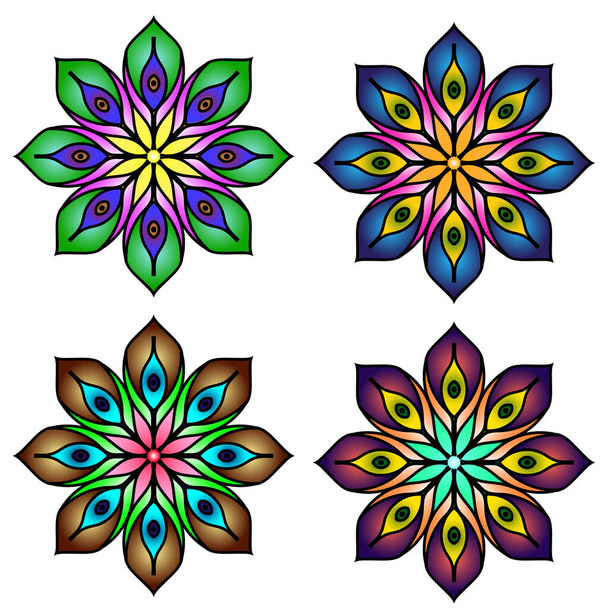 Mandala colorato piuma di pavone quattro mandala set - Vettoriali, immagini