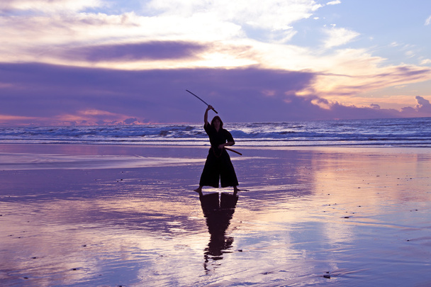 kobiety młody samuraj z japońskiego sword(katana) na zachód słońca na - Zdjęcie, obraz