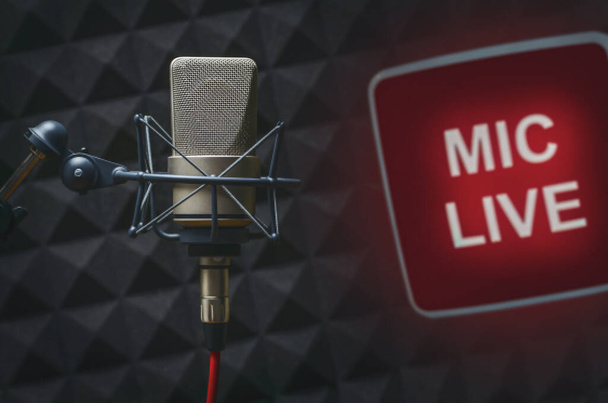 Professionele microfoon in radiostation studio en op lucht teken - Foto, afbeelding