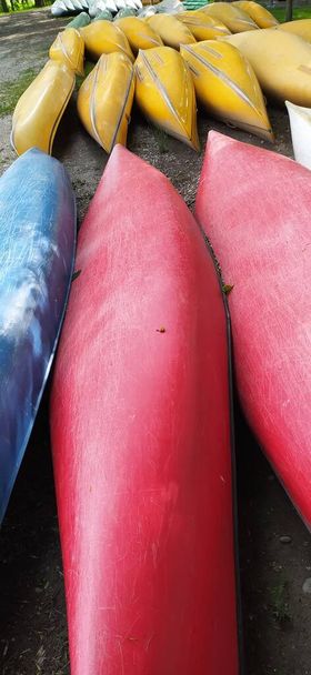 Plastic kano 's op rij zonder peddels als zomerkamp concept - Foto, afbeelding