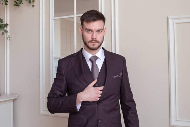 beautiful young man with a beard brunette model. guy in a classic suit in a light stylish interior. groom. portrait - Foto, afbeelding