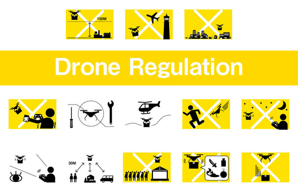 Un conjunto de iconos simple que muestra la legislación de drones - Vector, imagen