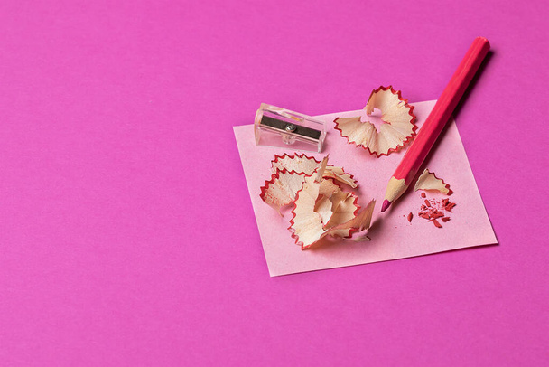 пурпурный фон с цветной стружкой карандаша и точилкой. Подготовка карандашей к творчеству - Фото, изображение
