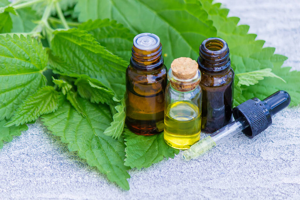 tincture of nettle in a bottle and fresh leaves isolated with shadows on a light background, medicinal herb for overweight, diabetes and renal weakness, selected focus, shallow depth of field - Photo, Image