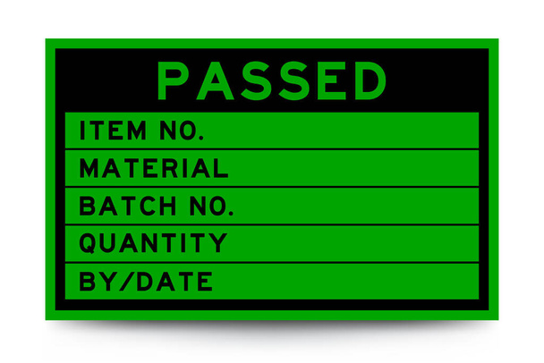 Banner de etiqueta de color verde cuadrado con encabezado en palabra pasada y detalle sobre fondo blanco para uso industrial - Vector, imagen