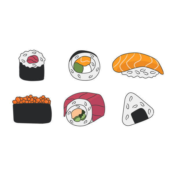 Conjunto de sushi e rolos doodle ilustração vetorial isolado sobre fundo branco - Vetor, Imagem