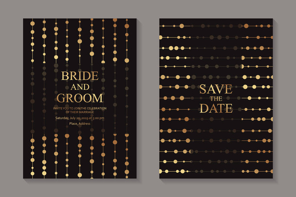Modern geometric luxury wedding invitation design or card templates for business or presentation or greeting with golden lines and beads on a black background. - Vector, Image