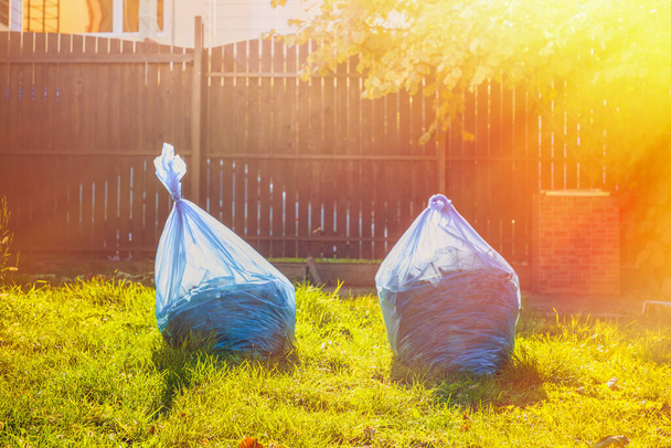 Sur la pelouse sont deux sacs d'ordures enlevés .Tint et lumière. - Photo, image
