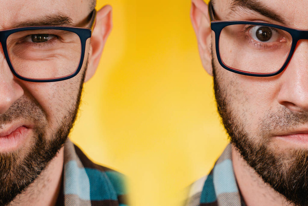 İnsanlar ve duygular. Gözlüklü ve mavi tişörtlü sakallı bir adamın çift portresi. Hoşnutsuzluk ve kırgınlığı ifade ediyor. Sarı arka plan. Kapat.. - Fotoğraf, Görsel