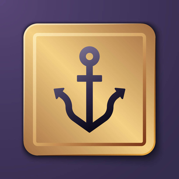Icona di ancoraggio viola isolata su sfondo viola. Pulsante quadrato oro. Vettore. - Vettoriali, immagini