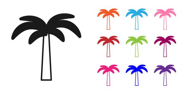 Beyaz arka planda izole edilmiş siyah tropik palmiye ağacı simgesi. Hindistan cevizi palmiyesi. Simgeleri renklendirin. Vektör. - Vektör, Görsel