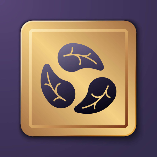 Purple Leaf icon isolated Purple background. Leaves sign. Fresh natural product symbol. Gold square button. Vector. - Vector, Image