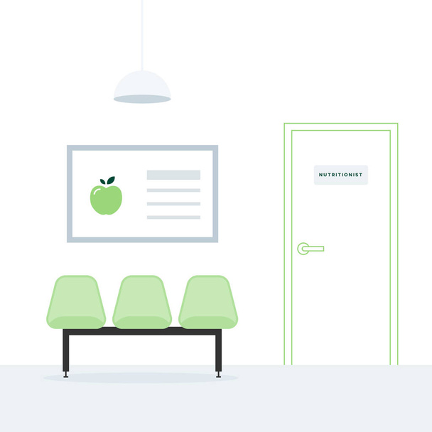 Čekárna. Nutriční. Tři zelené prázdné židle. Plakát na zdi. Stropní světlo. Lineární dveře. Lékařská prohlídka. Vektorová ilustrace, plochý design - Vektor, obrázek
