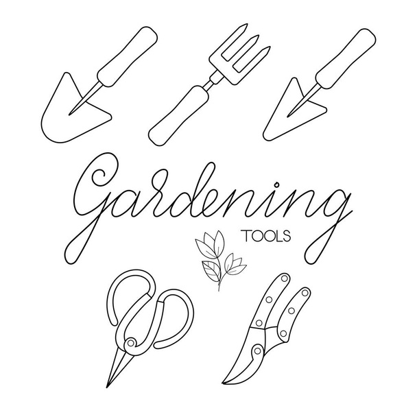 Outils de jardinage ensemble de truelles, ciseaux à fourche à main et tondeuses avec contour lettré illustration vectorielle minimaliste simple et plate isolée sur fond blanc - Vecteur, image