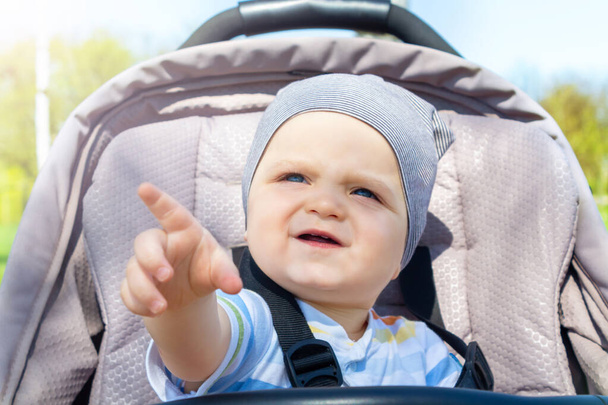 Happy baby boy in stroller in park. - Fotó, kép