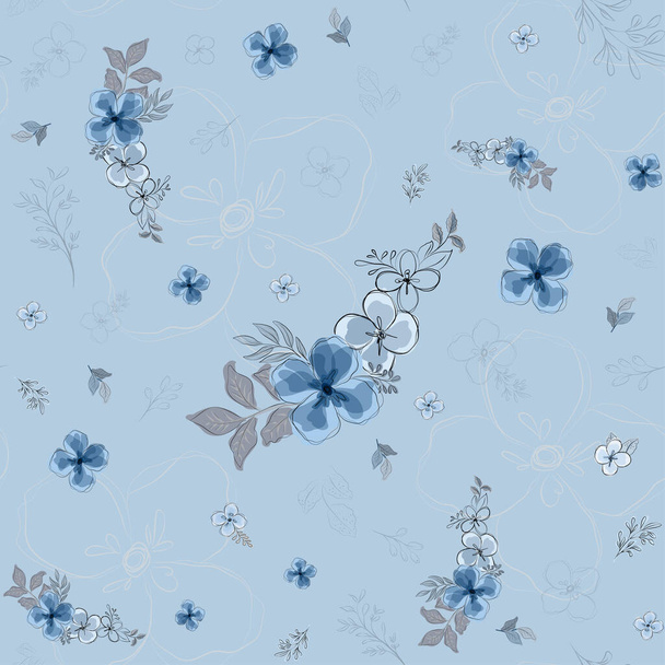 Seamless pattern with beautiful floral watercolor style on blue background. The other 2 color swatches included. - Vettoriali, immagini