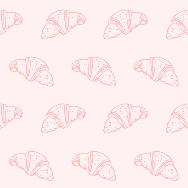 Patrón sin costuras vectorial de croissant fresco y sabroso sobre un fondo rosa pastel. - Vector, imagen