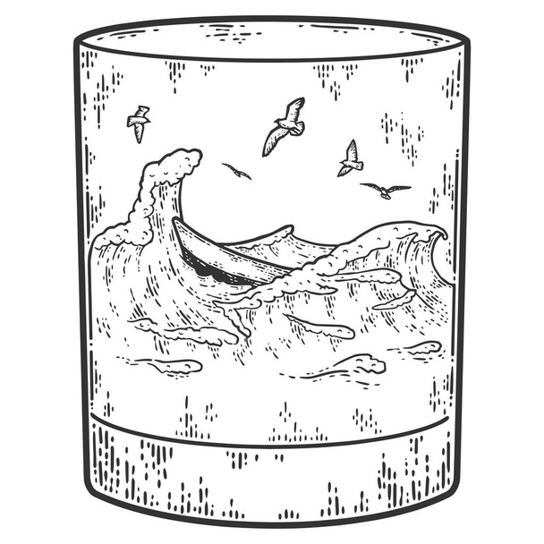 Mar, océano ilustración vectorial gráfico con olas, barco en un vaso. Bosquejo de rayado imitación de color. - Vector, imagen